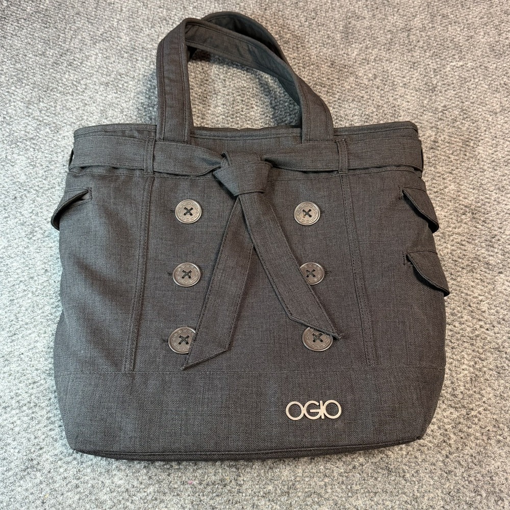 OGIO Hampton Tote Padded Laptop Bag in Storm Gray with Bow and Buttons